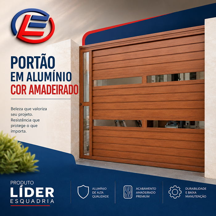 Portão em alumínio amadeirado -Líder Esquadria